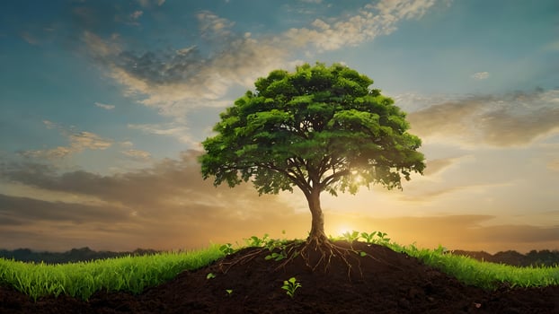 Sunrise Over a Small Tree Growing in a Lush Green Field photo