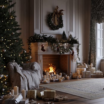 Christmas fireplace, home comfort. Holiday card. photo