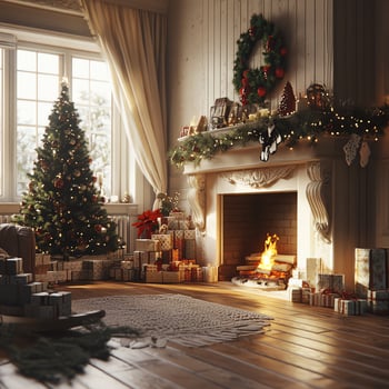 Christmas tree and fireplace. Festive interior. New Year's photo. photo