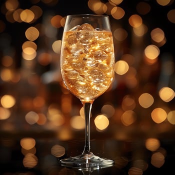 Champagne, prosecco. Drink in a glass with ice. Shimmer, lights, holiday, New Year. Menu, background, wallpaper, banner. photo