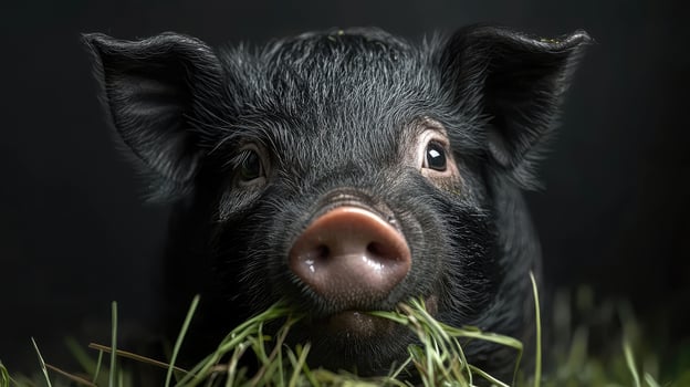 Black piglet enjoying fresh grass on black background photo