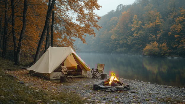 Camping tent standing on the shore of a misty lake in autumn forest at sunset photo