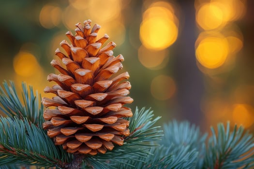 Pine cone resting on frosty autumn leaves at sunset photo