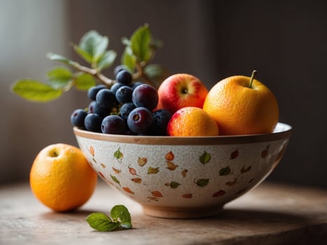 A Still Life of Fruit in a Decorative Bowl. photo