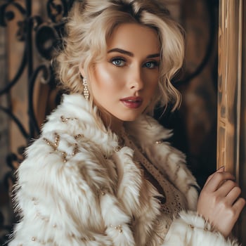 Young woman. Blonde, in a white fur coat. Beautiful makeup, hairstyle photo