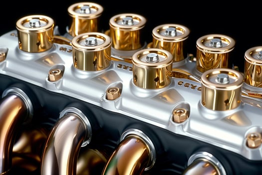 A close up of a car engine with gold and silver parts. The engine is designed to be visually appealing and luxurious, with the gold and silver accents adding a touch of elegance photo