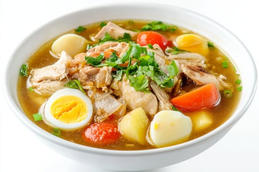 A bowl of soup with meat, eggs and vegetables photo