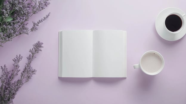 Blank white open book and coffee drink and purple copy space background photo