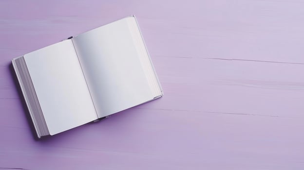 Blank white open book for texting information and purple copy space background photo