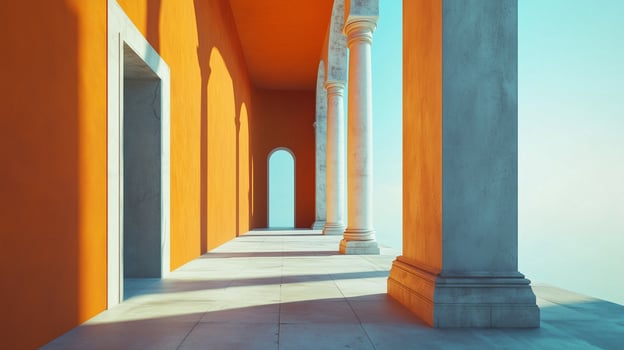 Stone columns concrete texture pillar classical building exterior with sunset sky photo