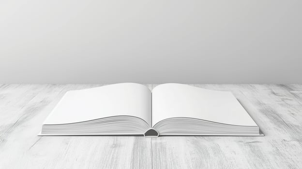 Open blank white paper book on wooden table side view copy space background photo