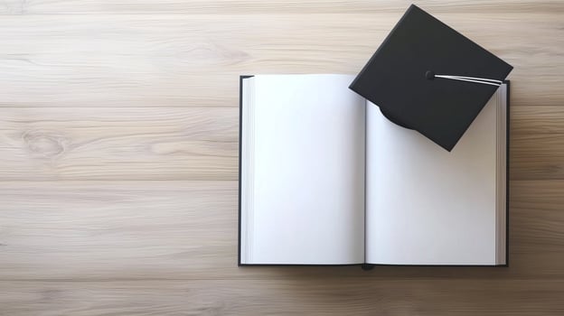 Blank white book open white paper and a pair black shoes top of view wooden background photo