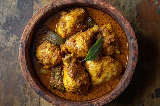 Chicken curry in a wooden bowl on a wooden table photo