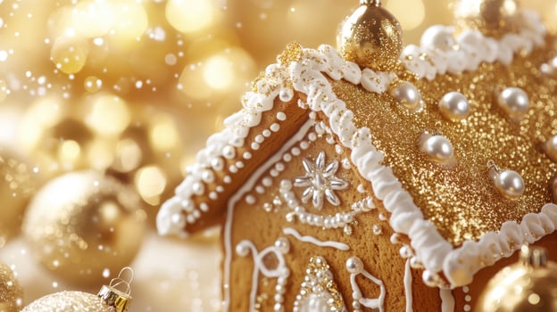 Luxurious gingerbread house adorned with gold leaf and sugar pearls, complemented by shimmering baubles and warm champagne tones for a festive atmosphere. Gingerbread house, New Year, Christmas photo