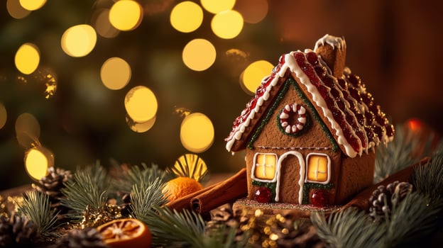 Gingerbread house with red and green icing, nestled in a cozy scene with pine branches and warm lights, enhanced by a glowing Christmas tree. Gingerbread house, New Year, Christmas photo