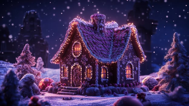 Festive gingerbread house with burgundy and midnight blue icing, set amidst a dark backdrop and illuminated by soft twinkling lights. Gingerbread house, New Year, Christmas photo