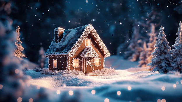 Winter night gingerbread house in a snowy forest, decorated with sugar details and lit by the soft glow of moonlight for a magical holiday feel. Gingerbread house, New Year, Christmas photo