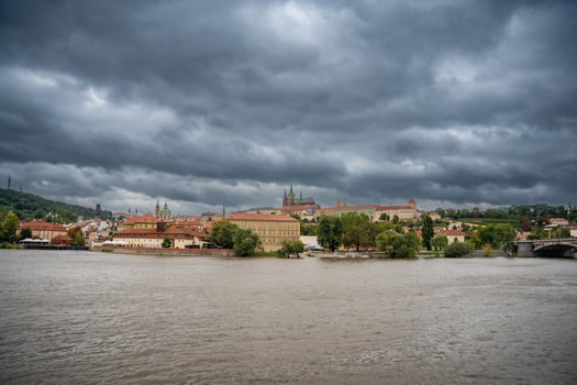 Flood in Prague. View of Prague Castle across the flooding river Vltava, Prague. High quality photo