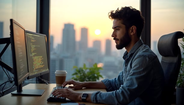 A young Caucasian man with short dark hair and a beard, wearing a denim shirt, working on a laptop computer in front of a window with a cityscape view in the background photo