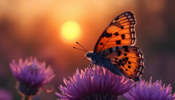 An orange and black butterfly perched on a purple flower against a warm sunset background photo