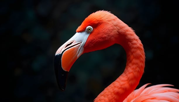 A close-up portrait of a vibrant pink flamingo photo
