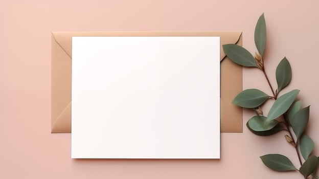 Minimalist flat lay blank white card on beige envelope eucalyptus leaves. Eco-friendly wedding invitation template advertising image. Elegant stationery. Feminine mock up photorealistic photo