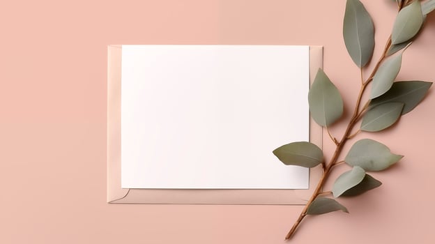 Blank white card mockup atop beige envelope with eucalyptus branch. Marriage invitation template advertising image. Eco-friendly stationery. Feminine design mock up photorealistic photo