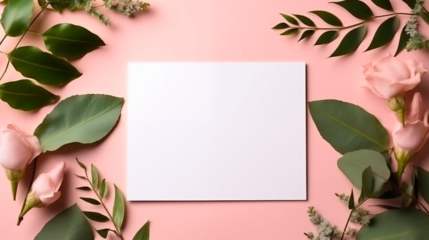 Blank card mockup with pastel roses and green leaves on pink backdrop. Elegant floral paper template advertising image. Touch of romance and softness mock up product photorealistic photo