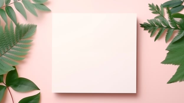 Blank square card surrounded by fern green leaves on soft peach background. Minimalistic elegance paper template advertising image. Soothing botanical composition mock up photorealistic photo