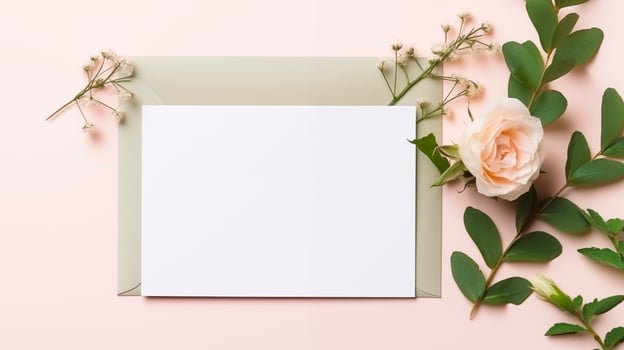 Blank white card mockup with peach rose on pastel background. Elegantly arranged paper template advertising image. Romantic gentle flowers green leaves mock up product photorealistic photo