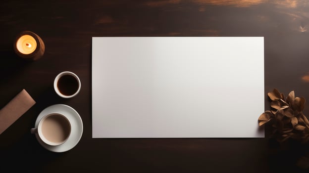 Blank white card mockup on dark table cup of coffee candle dry leaves. Warm cozy composition template advertising image. Branding, cozy invitation mock up product photorealistic photo