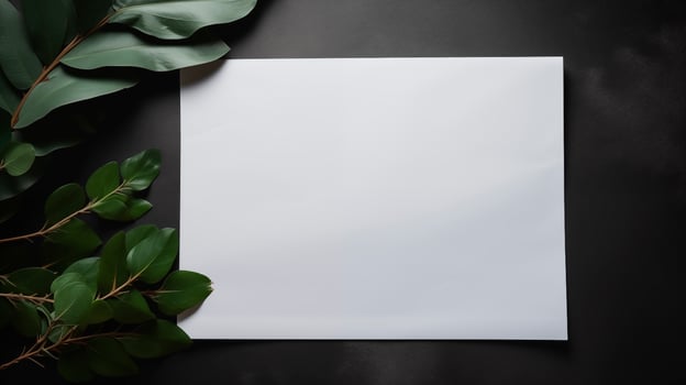 Flat lay of blank white sheet of paper mockup foliage placed on black surface. Bordered by lush green tropical leaves template advertising image. Nature-themed mock up photorealistic photo