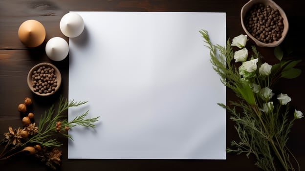 Blank white card on wooden surface surrounded by spices bowls, candles, green foliage. White roses botanical template advertising image. Natural rustic mock up product photorealistic photo