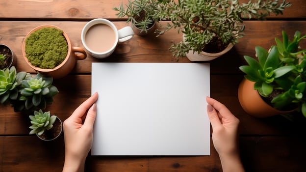 Hands holding blank paper mockup surrounded by succulents coffee cup. Houseplants, coffeecup postcard template advertising image. Calm natural workspace mock up product photorealistic photo