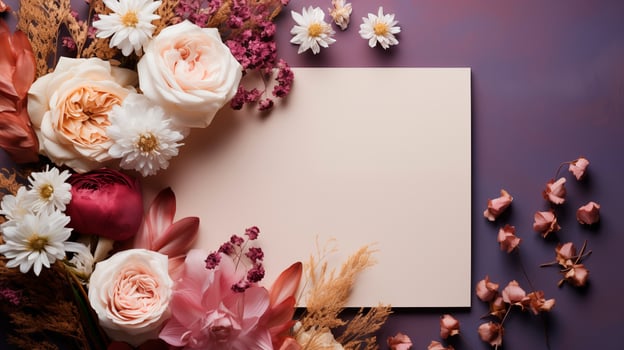 Blank card mockup surrounded by pastel roses daisies on purple surface. Dried floral accents elegant invitation template advertising image. Feminine design mock up product photorealistic photo