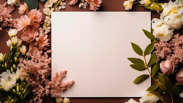 Blank card mockup framed by lush arrangement of soft pink white flowers. Green leaves floral wedding invitation template advertising image. Nature flatlay mock up product photorealistic photo