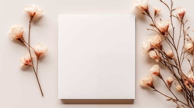 Blank card surrounded by delicate soft blush flowers on creamy white. Pastel floral wedding invitation template advertising image. Minimalist design mock up product photorealistic photo