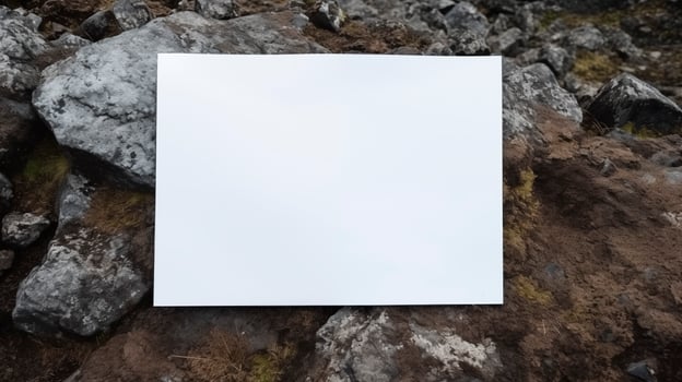 Blank white card mockup placed on uneven rocky ground with gray stones. Natural rugged environment paper template advertising image. Wilderness rocks mock up product photorealistic photo