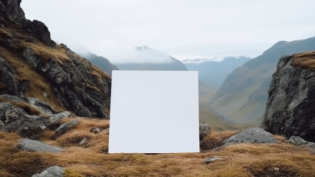 Blank white card mockup stands against breathtaking mountain valley. Rocky cliffs and dry grass template advertising image. Distant misty wilderness peaceful mock up photorealistic photo
