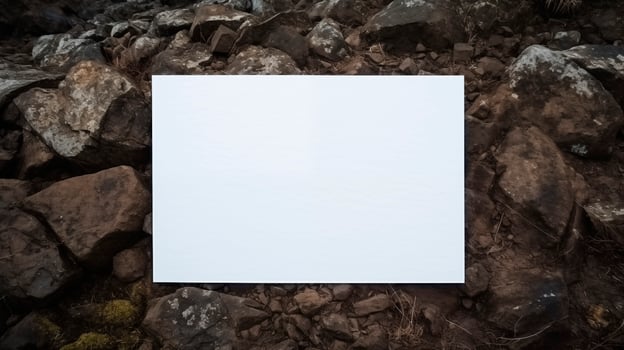Blank white card mockup on rugged earthy-colored rocks. Wilderness setting. Empty paper template advertising image. Jagged surface and natural tones mock up product photorealistic photo