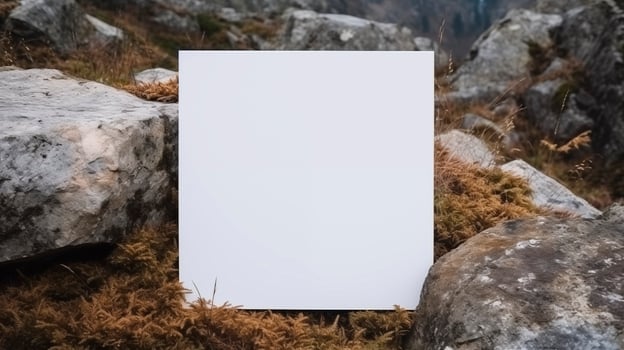 Blank white card among large boulders dry grass in rocky mountain landscape. Square paper template advertising image. Natural tones of rocks and vegetation mock up product photorealistic photo