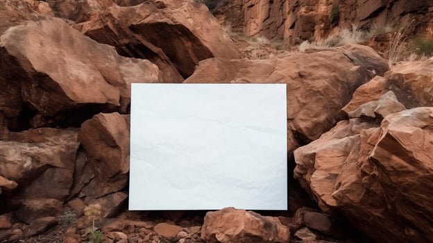 Blank card mockup surrounded by large red rocks in desert environment. Bold reddish hues of boulders template advertising image. Warm rustic outdoor mock up product photorealistic photo