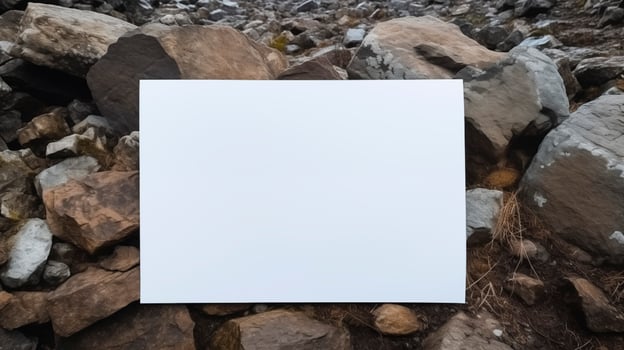 Blank white card mockup against rocky terrain filled with rugged stones. Earthy tones paper template advertising image. Rustic and outdoor composition mock up product photorealistic photo