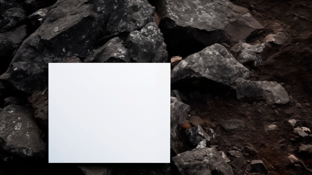 Blank white card mockup against dark rugged rock surface. Textured rocks nature theme template advertising image. Stone surface. Natural earthy landscape mock up product photorealistic photo
