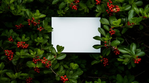 Blank card mockup framed by berry-laden branches and rich green leaves. Vibrant red berries natural foliage template advertising image. Refreshing inviting mock up product photorealistic photo