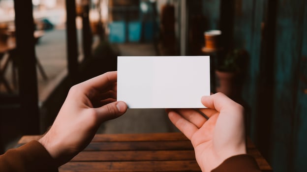 Hands displaying blank card mockup in cozy outdoor cafe. Blurred warm ambiance. Wooden table. Voucher coupon template advertising image. Businesscard mock up product photorealistic photo