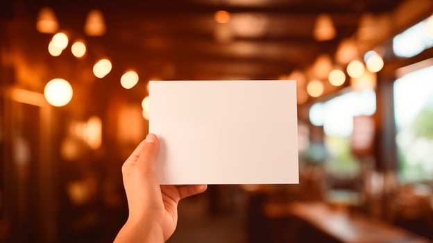 Hand holding blank card mockup with blurred warmly lit cafe. Cozy ambiance. Cafeteria coffeeshop. Event promotion template advertising image. Branding mock up product photorealistic photo