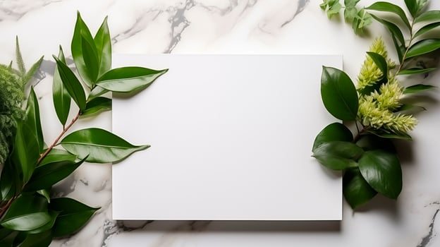 Blank white canvas mockup framed by delicate green leaves marble. Foliage and floral accents template advertising image. Fresh natural feel. Minimalist mock up product photorealistic photo