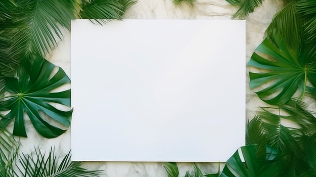 Blank white canvas mockup framed by large tropical leaves marble. Bold green plants template advertising image. Clean composition. Botanical aesthetics mock up product photorealistic photo