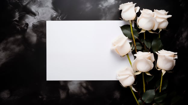 Ivory roses and blank card mockup on dramatic black background. Sophisticated formal event template advertising image. Classic announcement. Luxury invitation mock up photorealistic photo